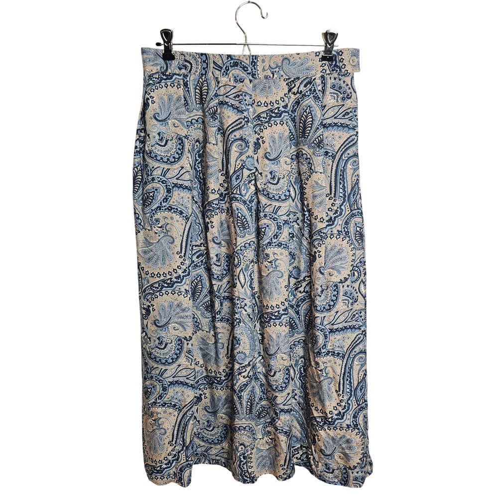 Koret Vintage 90s Paisley Pleated Maxi Skirt Pockets Blue Tan‎ Rayon Size 12 EUC
